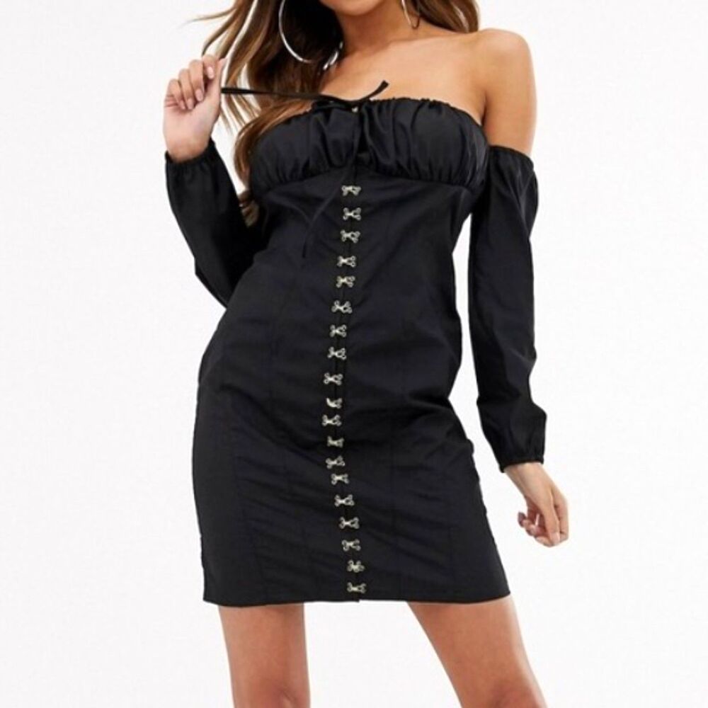 NWT Club L London Black Off Shoulder Bodycon Mini Dress Long Sleeves Size 4 - Picture 2 of 11